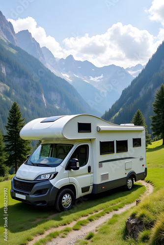 Modern camper van in scenic mountain landscape with lush greenery