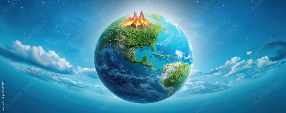 Fototapeta premium Volcanic eruption on earth science visualization stunning global view digital artwork vibrant atmosphere