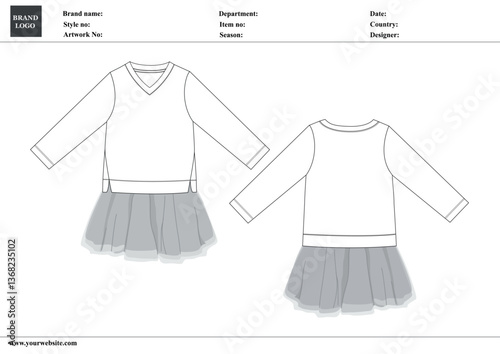 Baby girls Tops and Skirt dress design technical Flat sketch vector illustration template. Apparel clothing Mock up front and back views For Baby kids.

