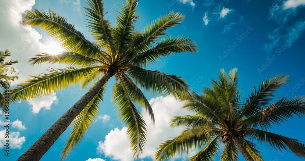 Coconut palm tree with a blue sky backdrop. Low perspective of palm trees rising against a blue sky on a sunny day.