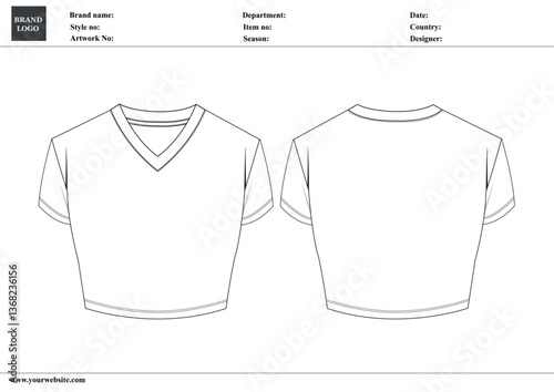 V - neck T shirt technical drawing Fashion vector illustration template for ladies