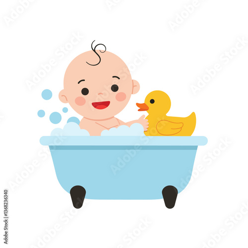 Happy baby enjoying bath time with rubber duck in flat vector art