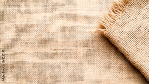 folded burlap sackcloth fabric with fringe on rough textured jute surface background in natural beige color