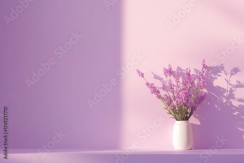 A vase of purple flowers sits on a shelf in front of a pink wall., with ample copy space for text.
