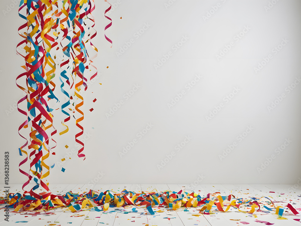 Fototapeta premium Colorful Streamers Falling Against A Plain White Background Creating A Festive Atmosphere