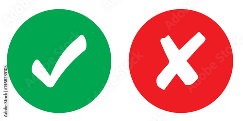 Green check mark and red cross mark in circle. Vector illustration. Isolated on white background