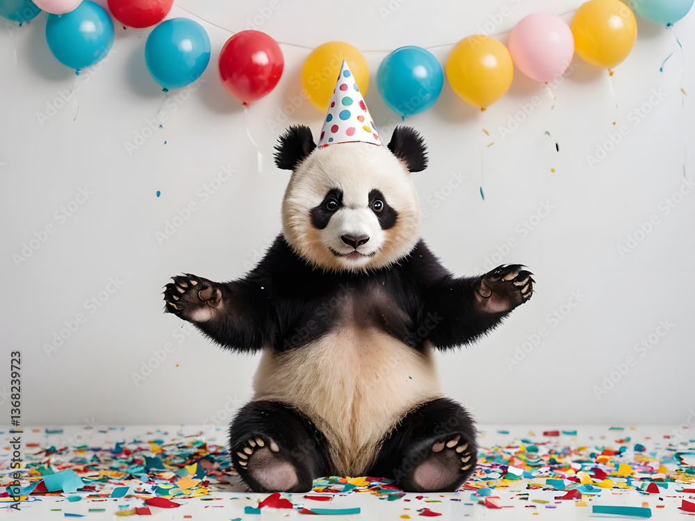 Fototapeta premium Cute Panda Bear Celebrating Birthday with Colorful Balloons and Confetti in Festive Atmosphere
