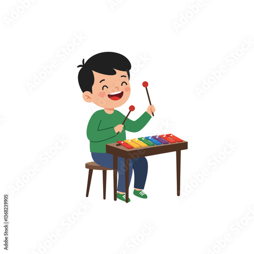 Happy child playing colorful xylophone in flat design vector illustration