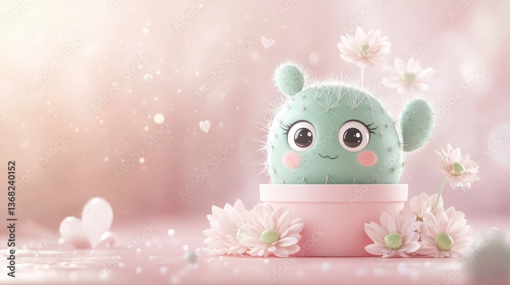 Obraz premium Adorable Cartoon Cactus in Pink Pot with White Flowers and Soft Pink Background