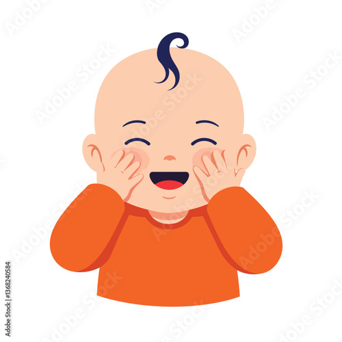 Happy baby smiling with hands on face in flat vector art