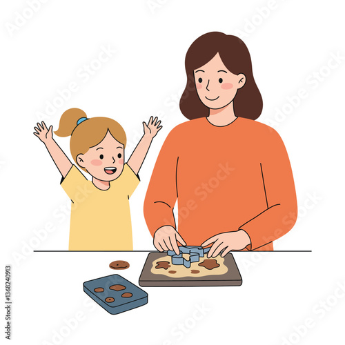 Joyful mother and daughter baking cookies in flat vector illustration