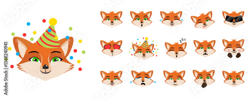 Large vector collection with cute foxes heads. Different fox emotions isolated on white. Character emoji, cute and lovely animals set. Vector 10.