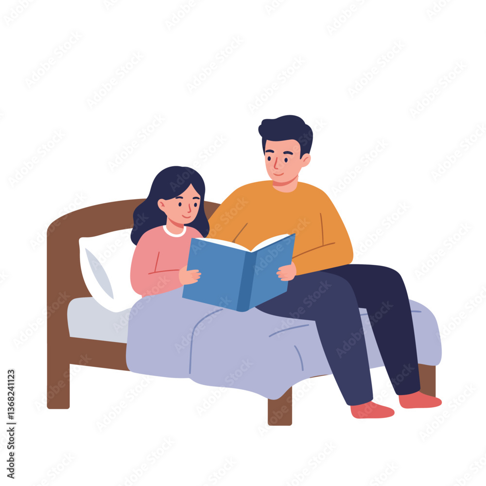 Father and daughter reading a book together in flat vector art