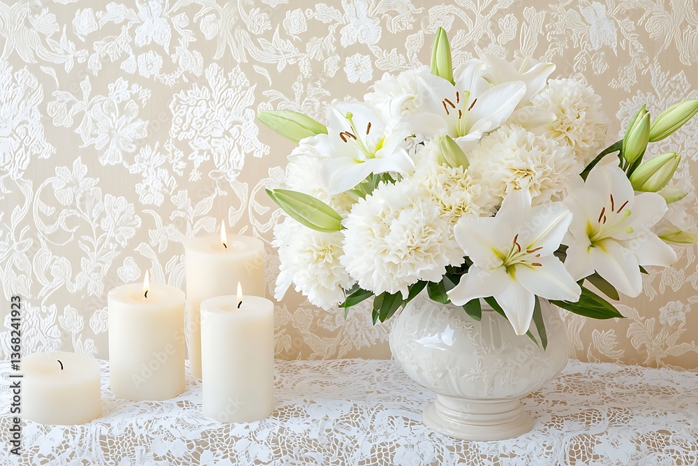 Elegant White Lilies and Carnations in Ceramic Vase with Burning Candles. A serene and sophisticated still life arrangement. Elegant White Lilies and Carnations in Ceramic Vase with Burning Candles. A serene and sophisticated still life arrangement.