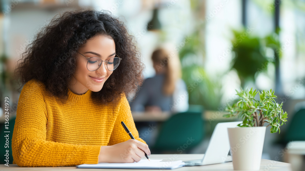 Fototapeta premium young woman with curly hair is writing notebook while sitting table cozy cafe. She wears glasses