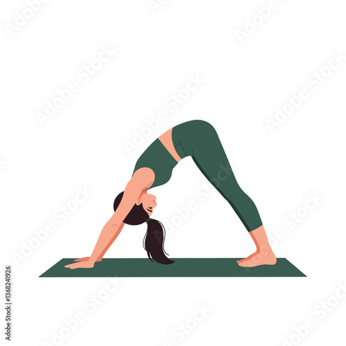 Woman practicing yoga in downward dog pose flat vector art