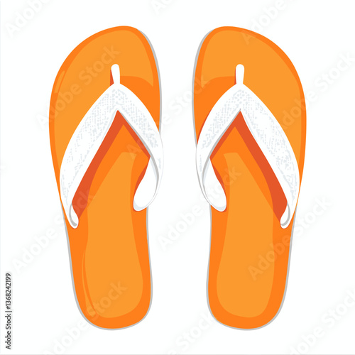 Bright orange flip flops with white straps on white background

