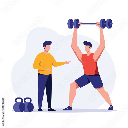 Man lifting weights while another provides guidance in flat vector illustration