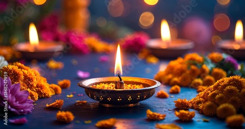 Diwali Festivity featuring Illuminated Diyas and Floral Petals for your backdrop, poster, wallpaper, banner, greeting cards, and advertising.