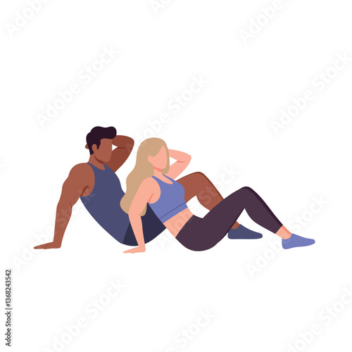 Two individuals performing fitness exercises in a flat and colorful design vector art