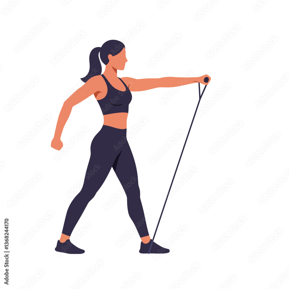 Obraz premium Woman using resistance band for exercise in flat design vector art