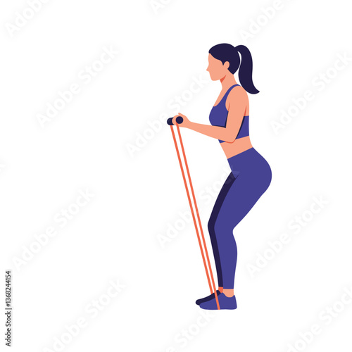 Female athlete performing resistance band exercise in flat vector illustration