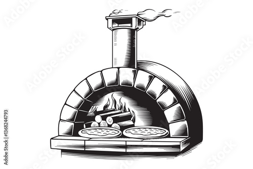 pizza oven Black and White Vector