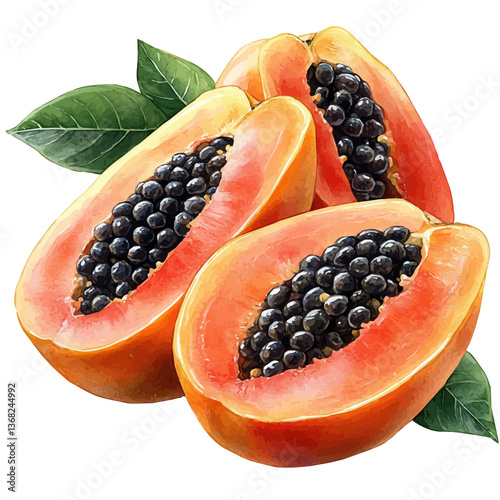 A watercolor of a Hawaiian papaya, isolated on a white background. Hawaiian papaya vector.

