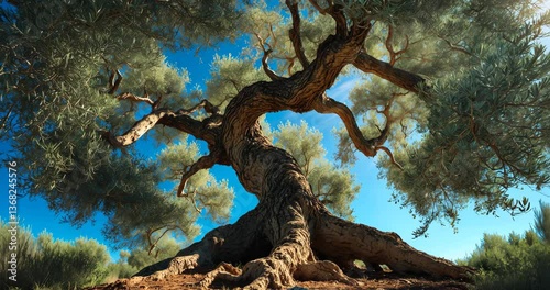 Ancient olive tree featuring a spiraled stem bending in on itself. Representation of life, time, heritage. Beam of light across the foliage.