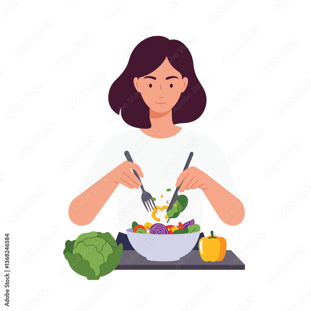 Woman preparing a fresh vegetable salad in minimal flat design vector illustration Woman preparing a fresh vegetable salad in minimal flat design vector illustration