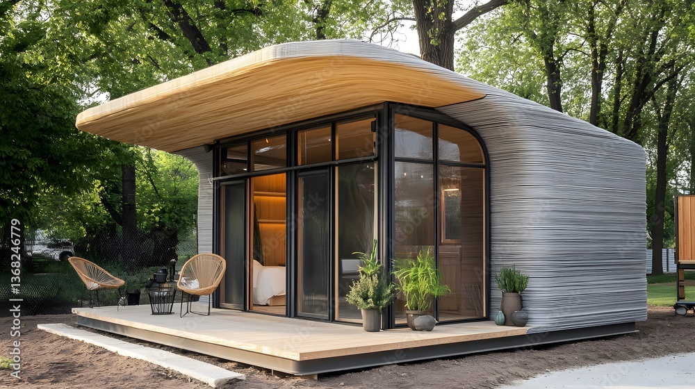 Fototapeta premium Modern 3D-printed house constructed with recycled materials in a sustainable self-sufficient community, promoting eco-friendly architecture, renewable energy, and futuristic urban living.