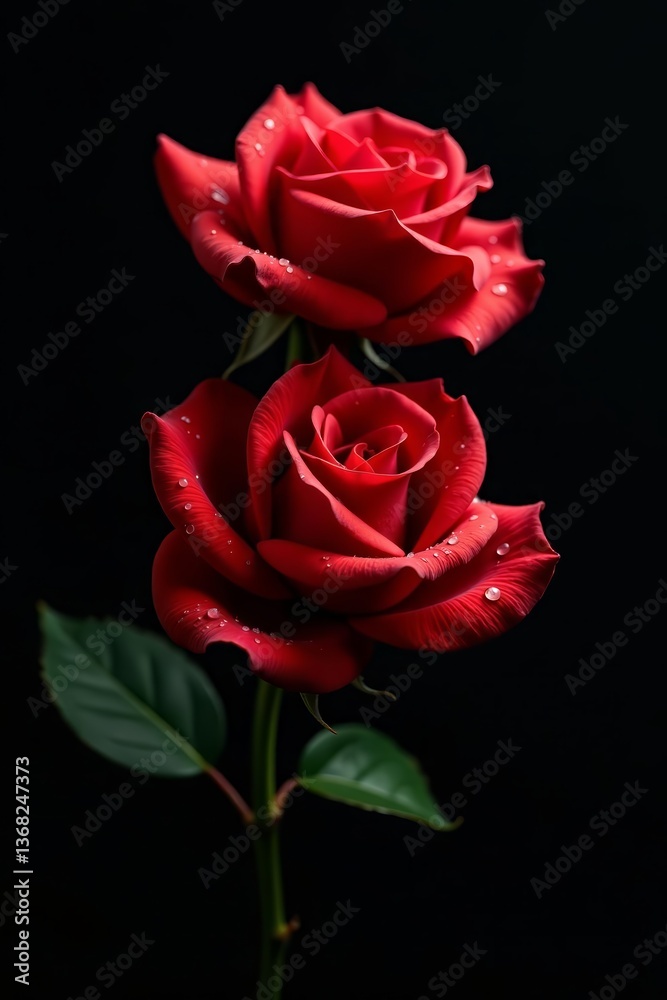 Fototapeta premium Beautiful red roses with water droplets on black background, romantic, nature