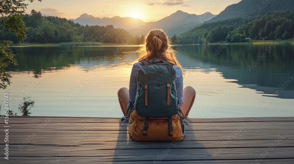 Fototapeta premium A serene moment of a traveler sitting by a tranquil lake at sunset, surrounded by mountains and nature