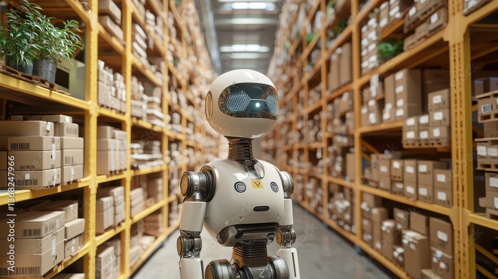Fototapeta premium AI-Powered Robot in a Modern Warehouse Environment Optimizing Inventory Management and Supply Chain Efficiency
