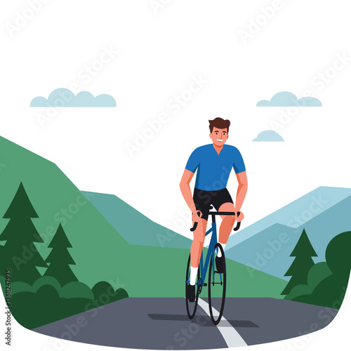 Cyclist riding along a scenic mountain road in flat vector art
