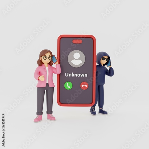 Woman receives a fraudulent call from a stranger trying to deceive her. Fraud, prank, phishing on a mobile phone. 3D rendering.