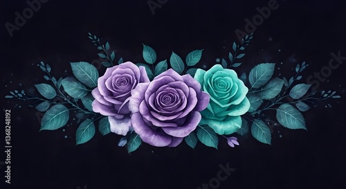 A mystical floral arrangement with purple and teal watercolor roses and swirling vines, AI Generated