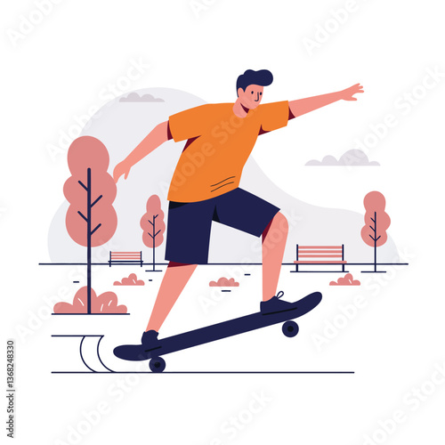 Skateboarder performing tricks in a park setting with flat and colorful design vector illustration