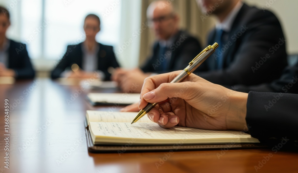 Adults in business attire engage in a meeting, with focus on note-taking and collaboration in a professional setting. Adults in business attire engage in a meeting, with focus on note-taking and collaboration in a professional setting.
