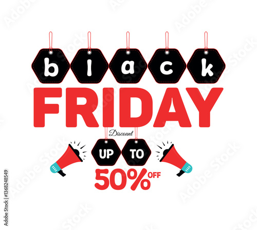Black Friday sale and discount, poster template design with sales tag & megaphone vector