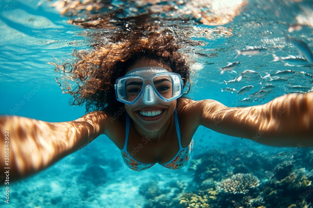Naklejka premium A dense school of silver fish swims next to her. Coral reef tourism. A gorgeous and sexy happy middle eastern young woman with curly hair in a swimming mask and fins snorkeling among the coral.