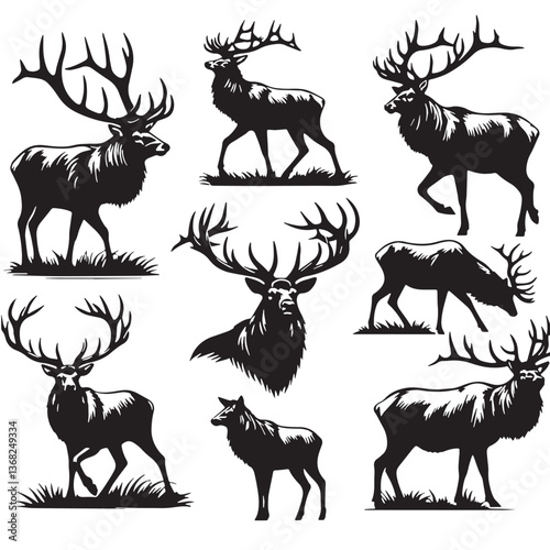 Black Color Irish Elk Silhouette Vector Illustration, Solid White Background