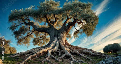 Ancient olive tree with its roots exposed.