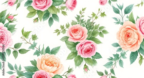 A romantic floral pattern with watercolor roses, peonies, and ivy vines intertwining, AI Generated