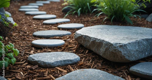 Flat stones create a walkway in the garden alongside a bed covered with bark chips. Two rows of stepping stones direct visitors.