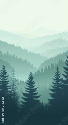 Beautiful misty morning landscape with a foggy forest, mountains, and sky background, phone wallpaper