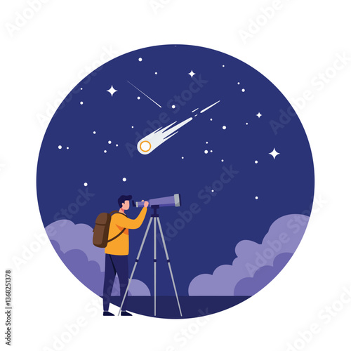 Astronomer observing shooting stars with telescope in flat vector art
