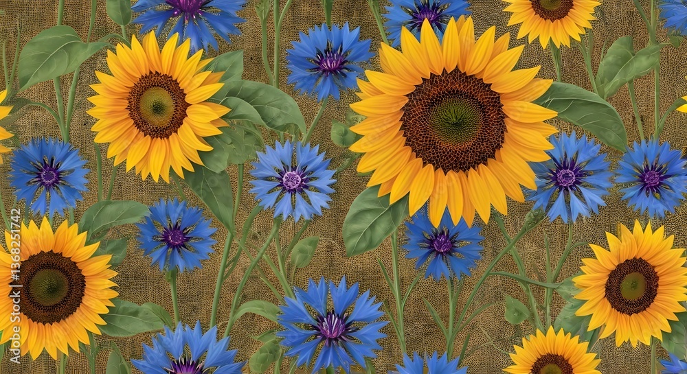 A rustic floral pattern featuring sunflowers and blue cornflowers on a textured background, AI Generated