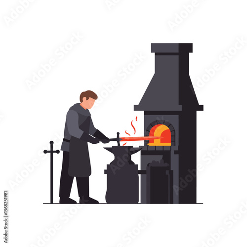 Blacksmith working at forge in flat vector art style with fiery furnace and tools in vector illustration