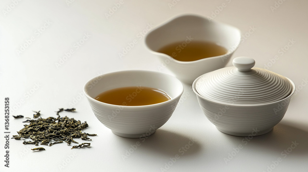 Still life featuring tea in white bowls and loose leaf tea on a white surface in soft lighting Still life featuring tea in white bowls and loose leaf tea on a white surface in soft lighting